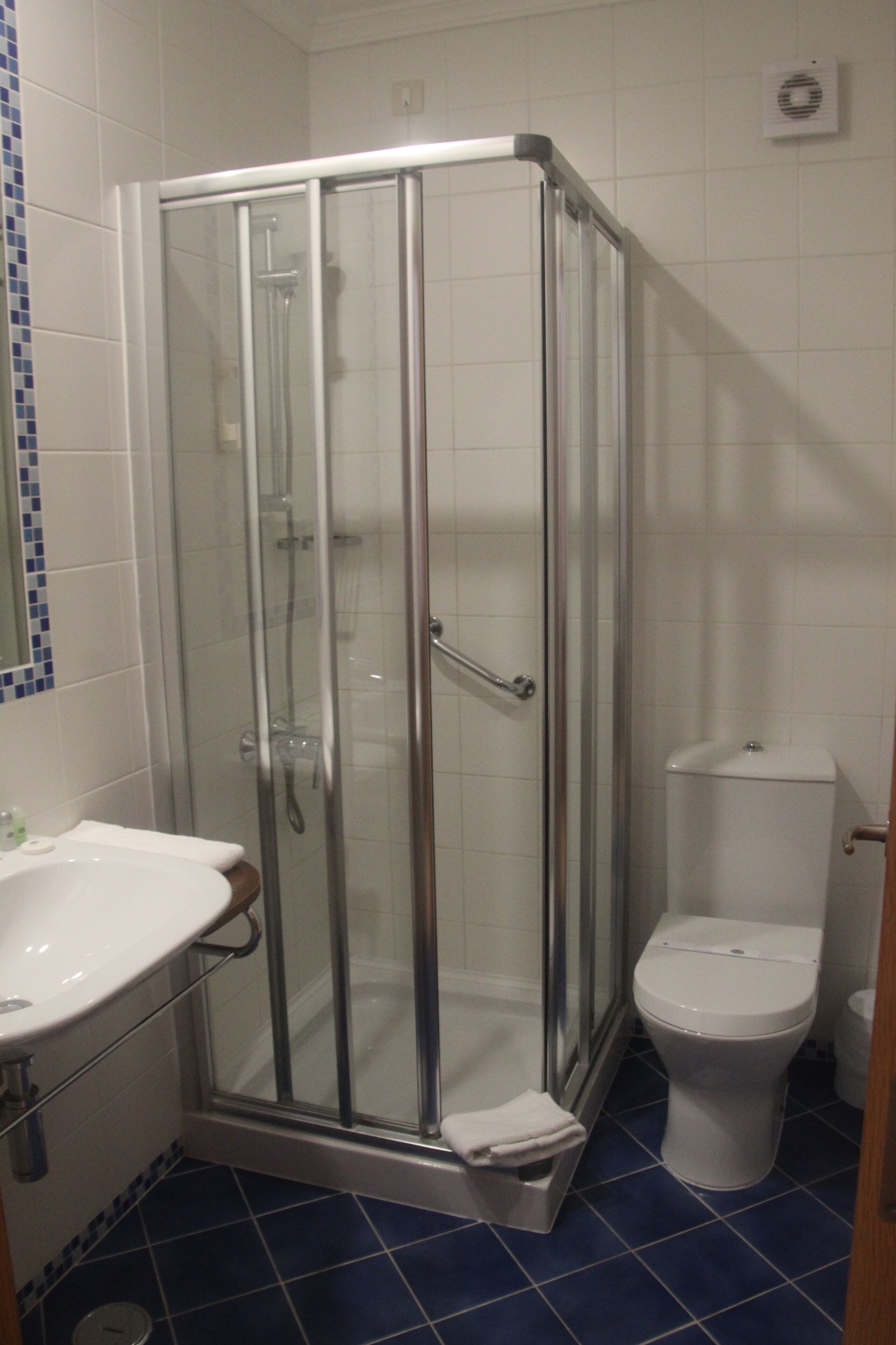 Un baño con ducha de vidrio, lavamanos blanco y retrete.