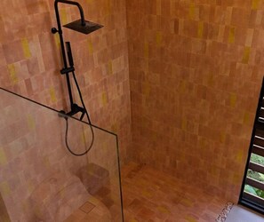 Shower, hair dryer, towels, soap