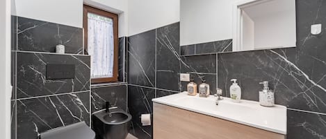 Shower, hair dryer, towels