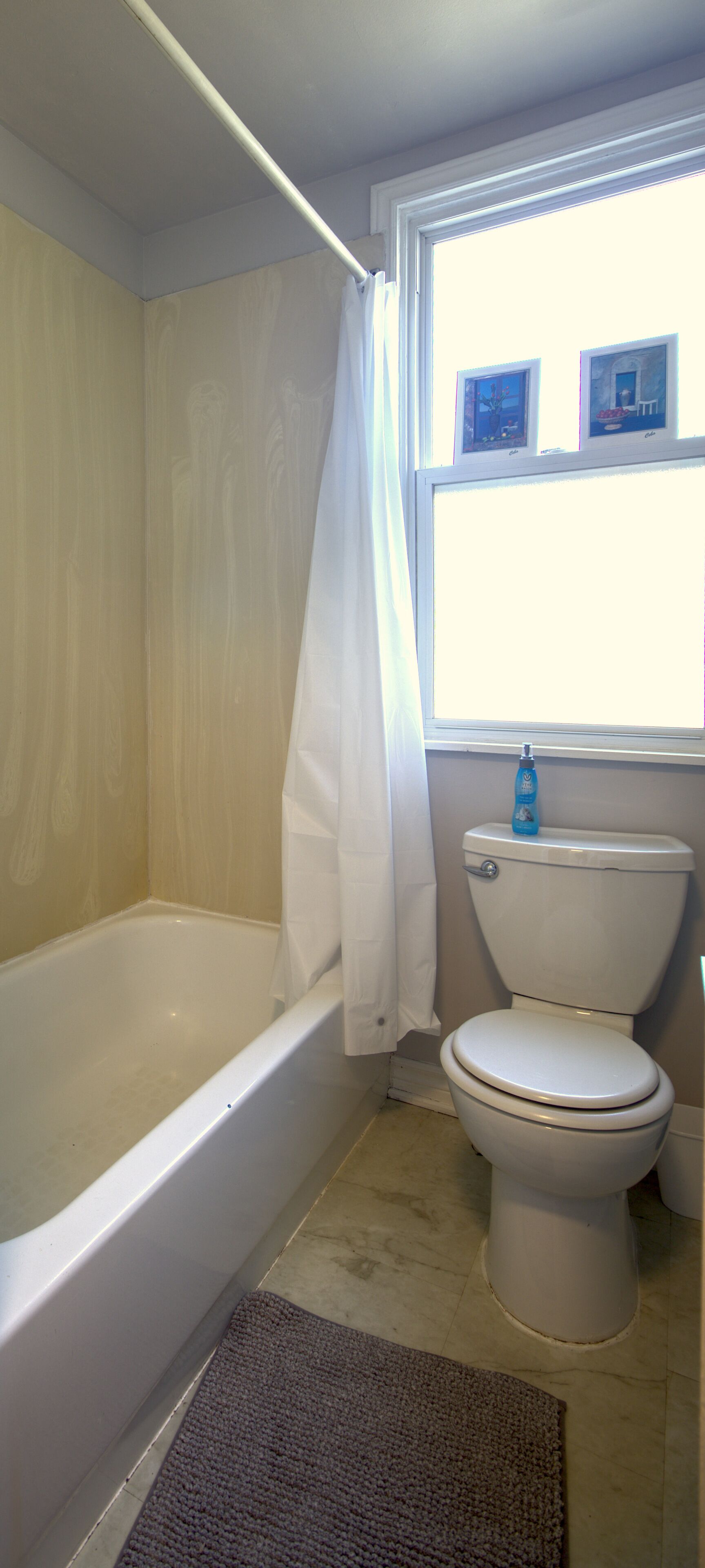 A bathroom with a bathtub, toilet, and a window with artwork.