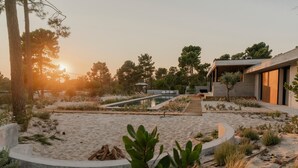 Un espacio exterior moderno con piscina, terraza de madera y un edificio con ventanas amplias.