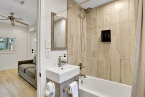 Shower, hair dryer, towels