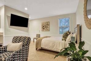 1 bedroom, desk, iron/ironing board, travel cot