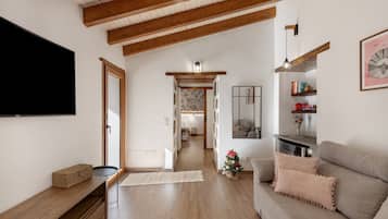 Una televisión, una chimenea