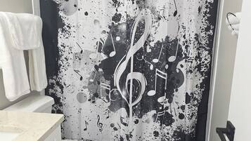 Hair dryer, towels, soap, toilet paper