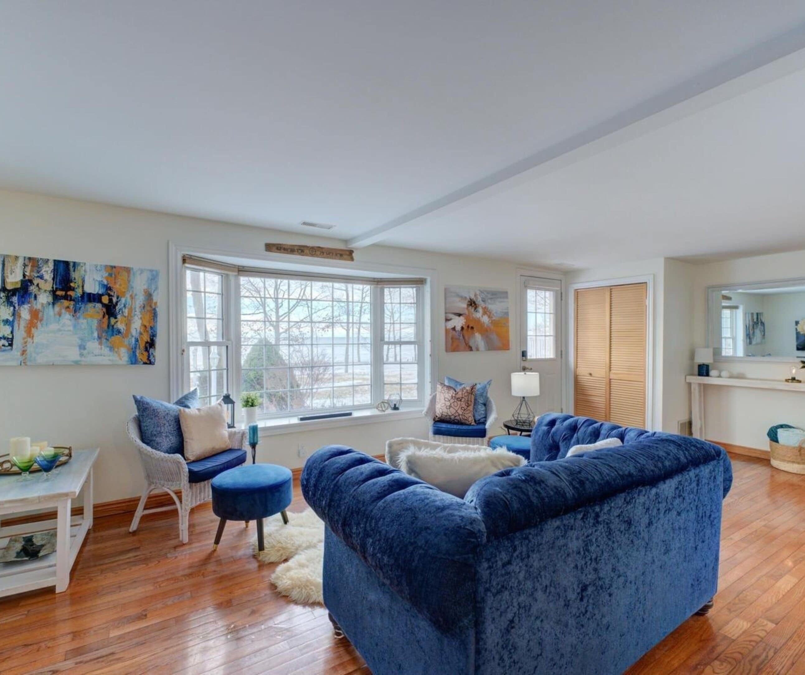 Smart TV, fireplace, books