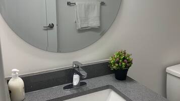 Hair dryer, towels, soap, toilet paper