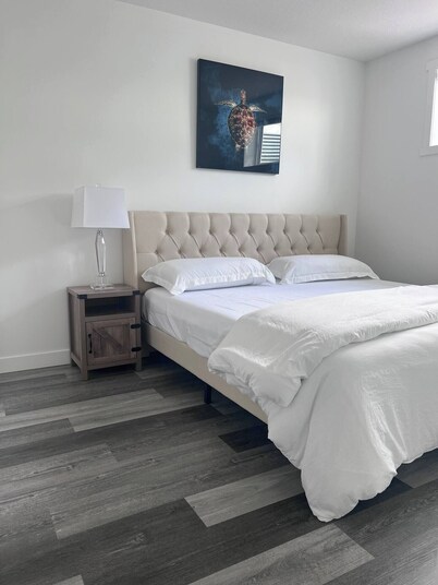 Spacious living room, King Size bed. 2 mins from the Regina  airport .