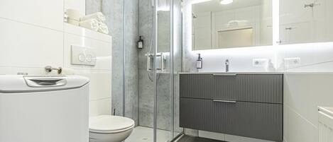 Douche, séchoir à cheveux, serviettes fournies, savon