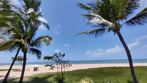 A beach with palm trees, a clear sky, and a sandy shore. - Rio Park Ave -by TRH Home Stay (Jaboatão dos Guararapes)