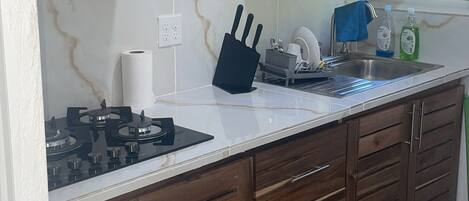 Kühlschrank, Mikrowelle, Herdplatte, Wasserkocher mit Kaffee-/Teezubehör