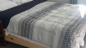 Et soveværelse med seng, vægmonteret ventilator, et sengebord og et vindue med gardiner.