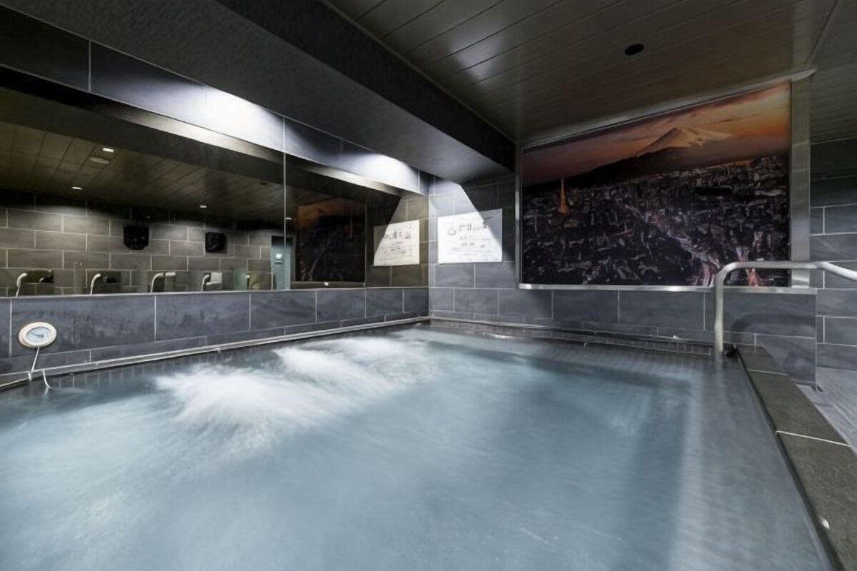 A swimming pool with a cityscape mural, a changing room with a mirror, and a tiled wall.