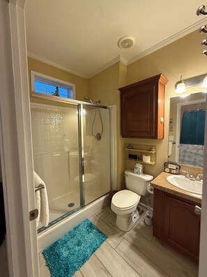 Shower, hair dryer, towels, toilet paper