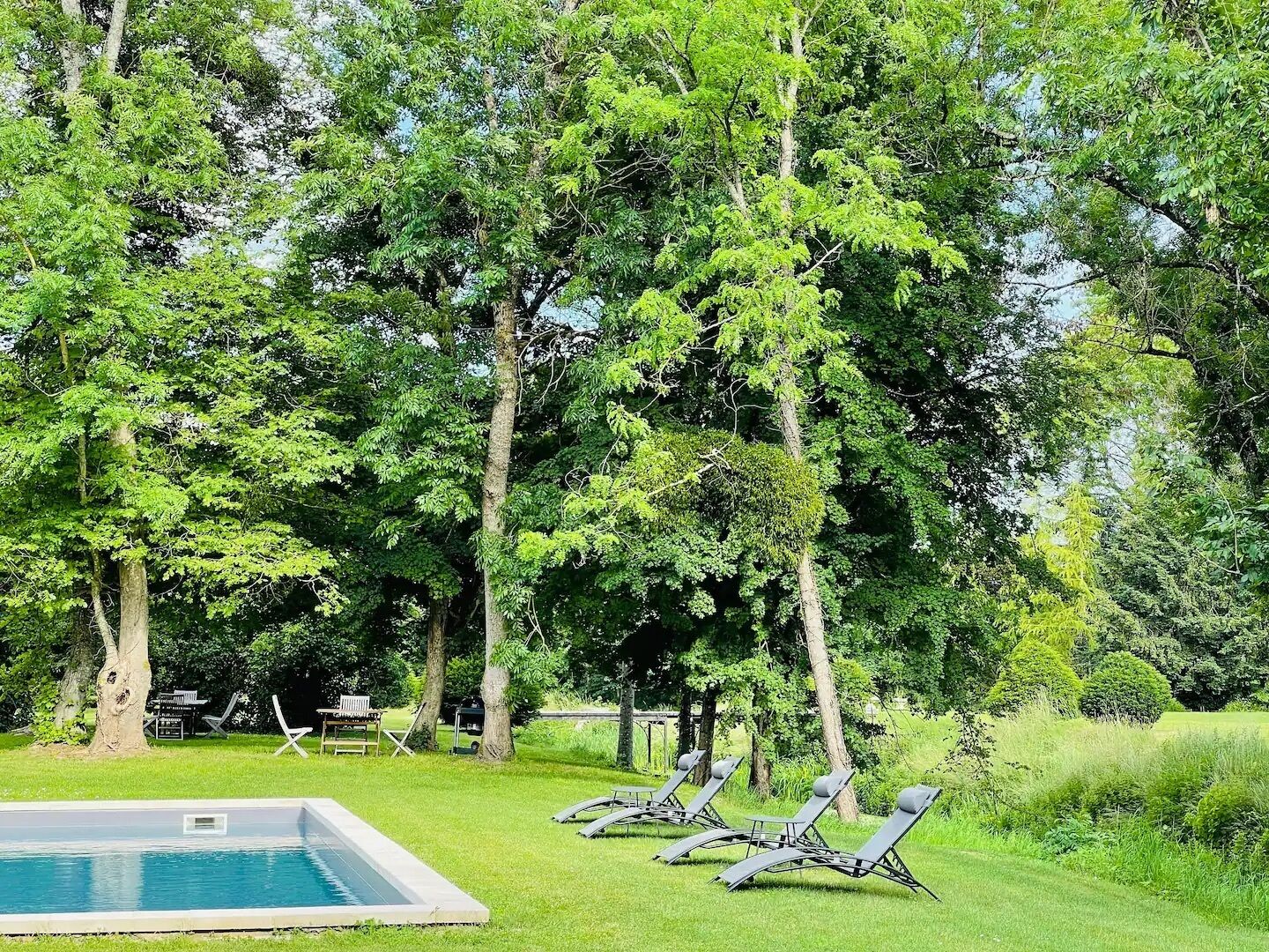 Piscina com espreguiçadeiras e mesa num jardim verdejante.