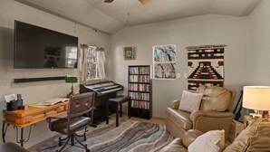TV, fireplace, books