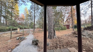 A covered outdoor area with a gravel path leading to a wooden gate, surrounded by trees and a small shed.