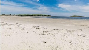 A wide sandy beach with gentle waves, a clear sky, and distant greenery.