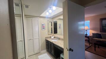 Hair dryer, towels, soap, toilet paper