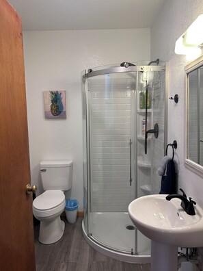 A bathroom with a glass-enclosed shower, a white toilet, a sink, and a painting of a pineapple. - Quaint 1-bedroom cabin in Kyburz for a cozy getaway (Kyburz)