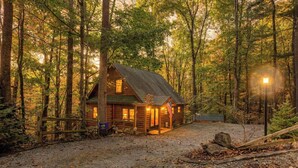 A rustic cabin with a gravel driveway, surrounded by tall trees and a wooden fence. - Saddle Up! - Log Cabin - Powder Horn - Hike - Fish - Pets Ok - Fiber Wifi (Deep Gap)