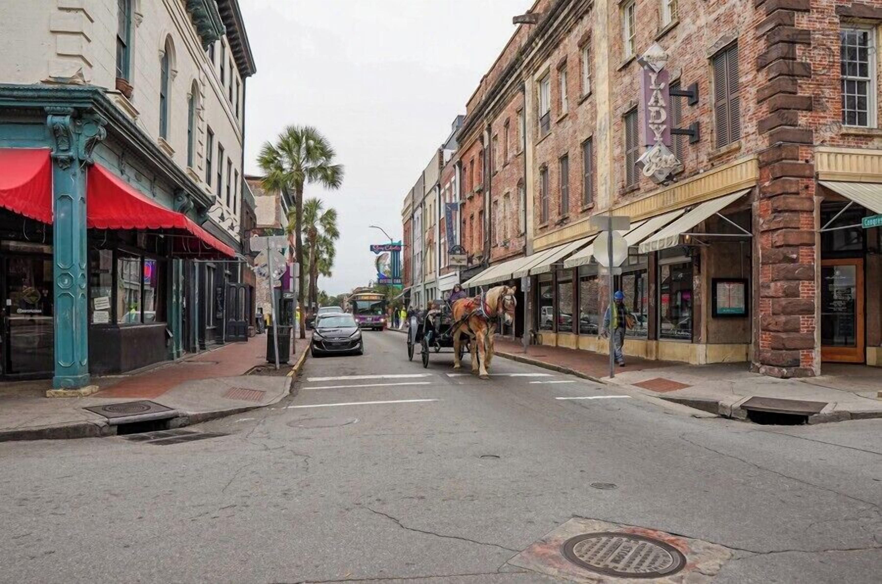 A street with buildings, a horse-drawn carriage, and a palm tree.