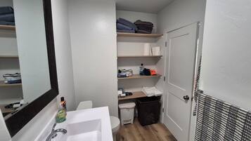 Shower, towels, soap, toilet paper