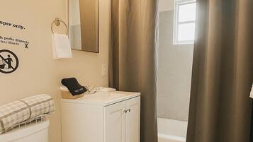 Hair dryer, towels, soap, toilet paper