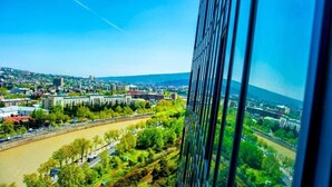A cityscape with a river, buildings, and greenery. - Charming studio in vibrant Tbilisi, set in the exclusive King David Residences. (T'bilisi)