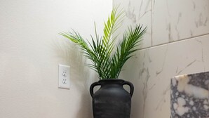 Un rincón con una planta en maceta, un secador de pelo y una caja de pañuelos sobre estantes de madera.