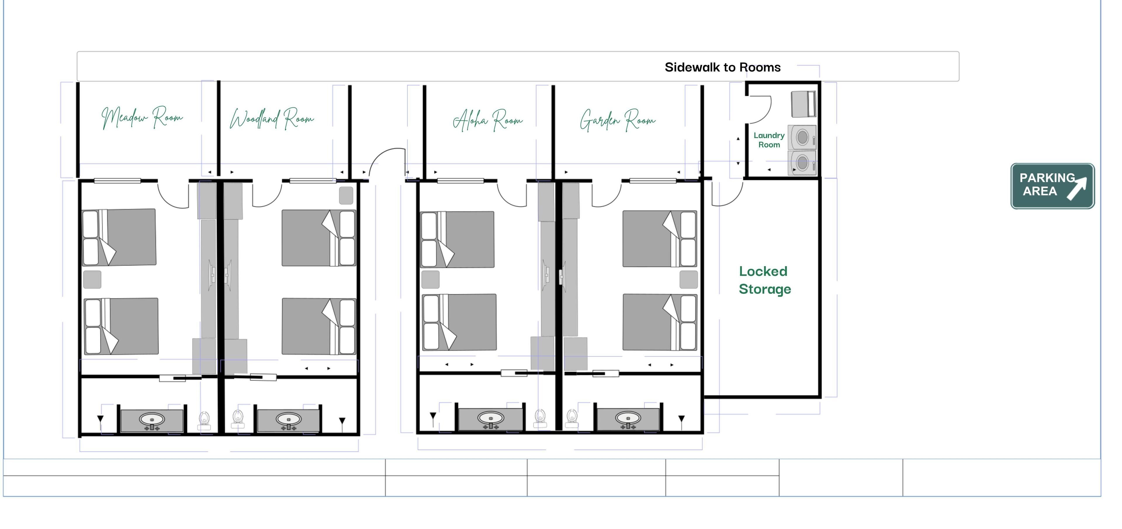 A floor plan of a hotel with four rooms named Meadow Room, Woodland Room, Aloha Room, and Garden Room, each with a bathroom and a kitchenette. There is a laundry room and a locked storage area.