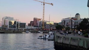 A waterfront cityscape with modern buildings, a large construction crane, and boats docked at a pier. - Iconic Luxurious Downtown Building History Galore (Halifax)
