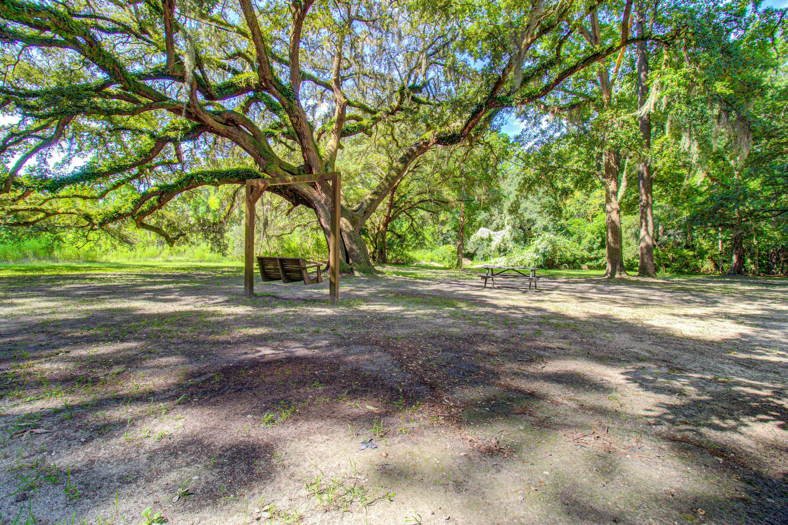 A park with a wooden bench and picnic table under a large tree.