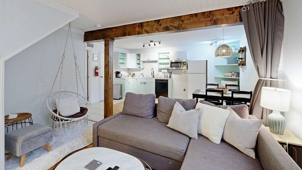 Una sala de estar moderna con un sofá, una silla colgante y un comedor.