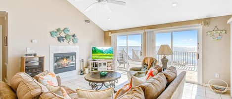 Televisión, chimenea, reproductor de DVD y estéreo