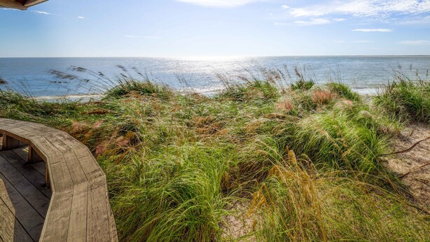 Eine Holterrasse mit Blick auf einen Strand, bewachsen mit Grasdünen und dem Meer.