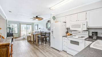Coffee/tea maker, fridge, microwave, oven