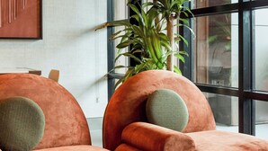 A modern interior with two plush orange sofas, a glass coffee table, a large potted plant, and a framed artwork on the wall. - Motto by Hilton Nashville Downtown (Nashville)