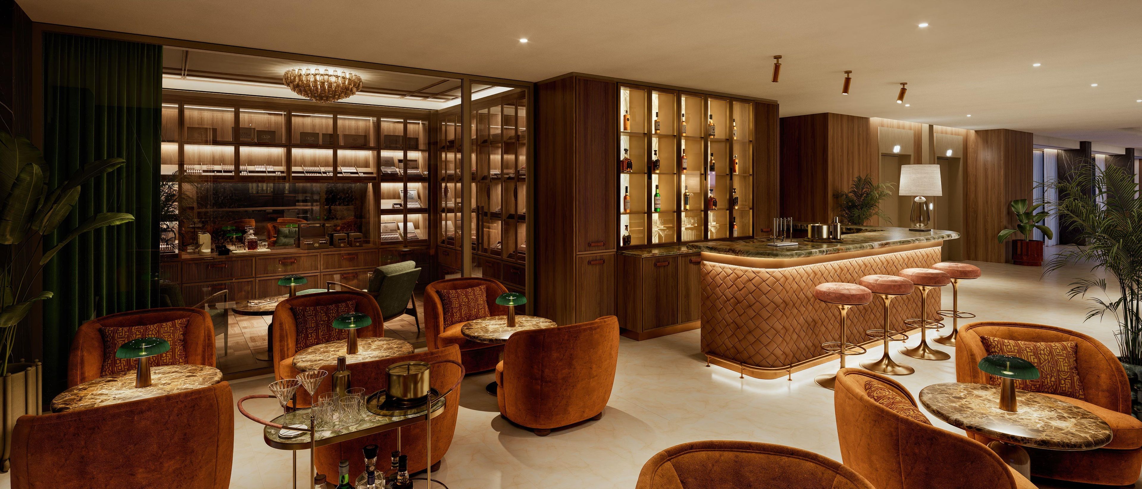 A modern bar area with a marble countertop, cushioned seating, and a variety of bottles.
