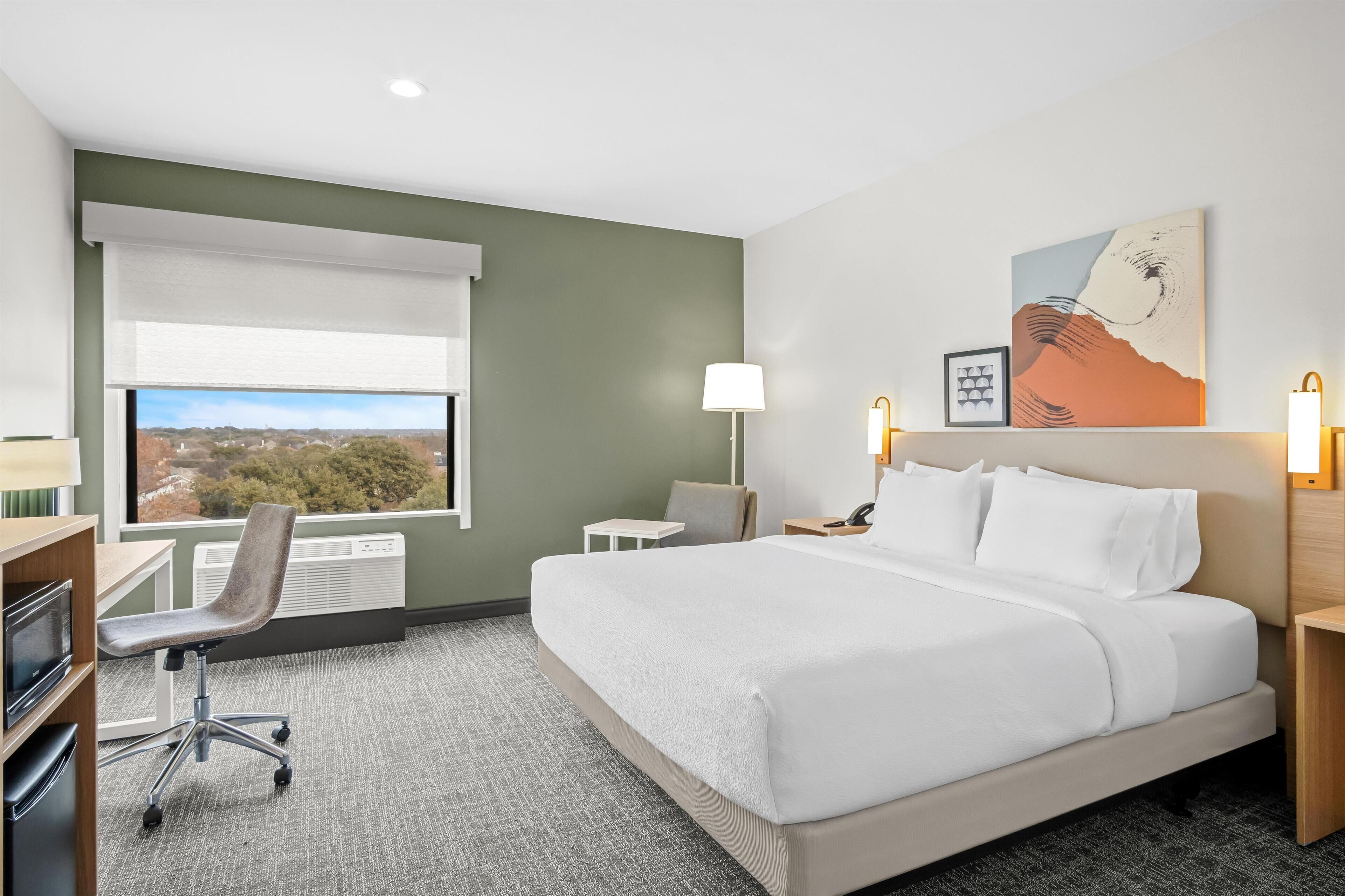 Desk, laptop workspace, blackout curtains, iron/ironing board