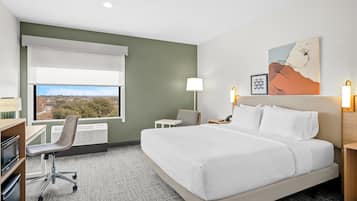 Desk, laptop workspace, blackout curtains, iron/ironing board