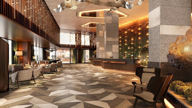 A modern lobby with a geometric patterned floor, a reception desk, and seating areas. - Hilton Istanbul Airport (Arnavutköy)