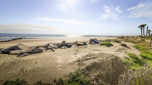 Una spiaggia con grosse rocce, una recinzione in legno e palme.