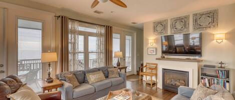 Télévision, cheminée, espaces bureaux