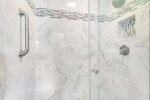 Shower, towels, shampoo