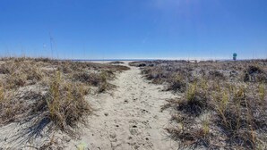 Un sendero arenoso que lleva a una playa con vegetación escasa.