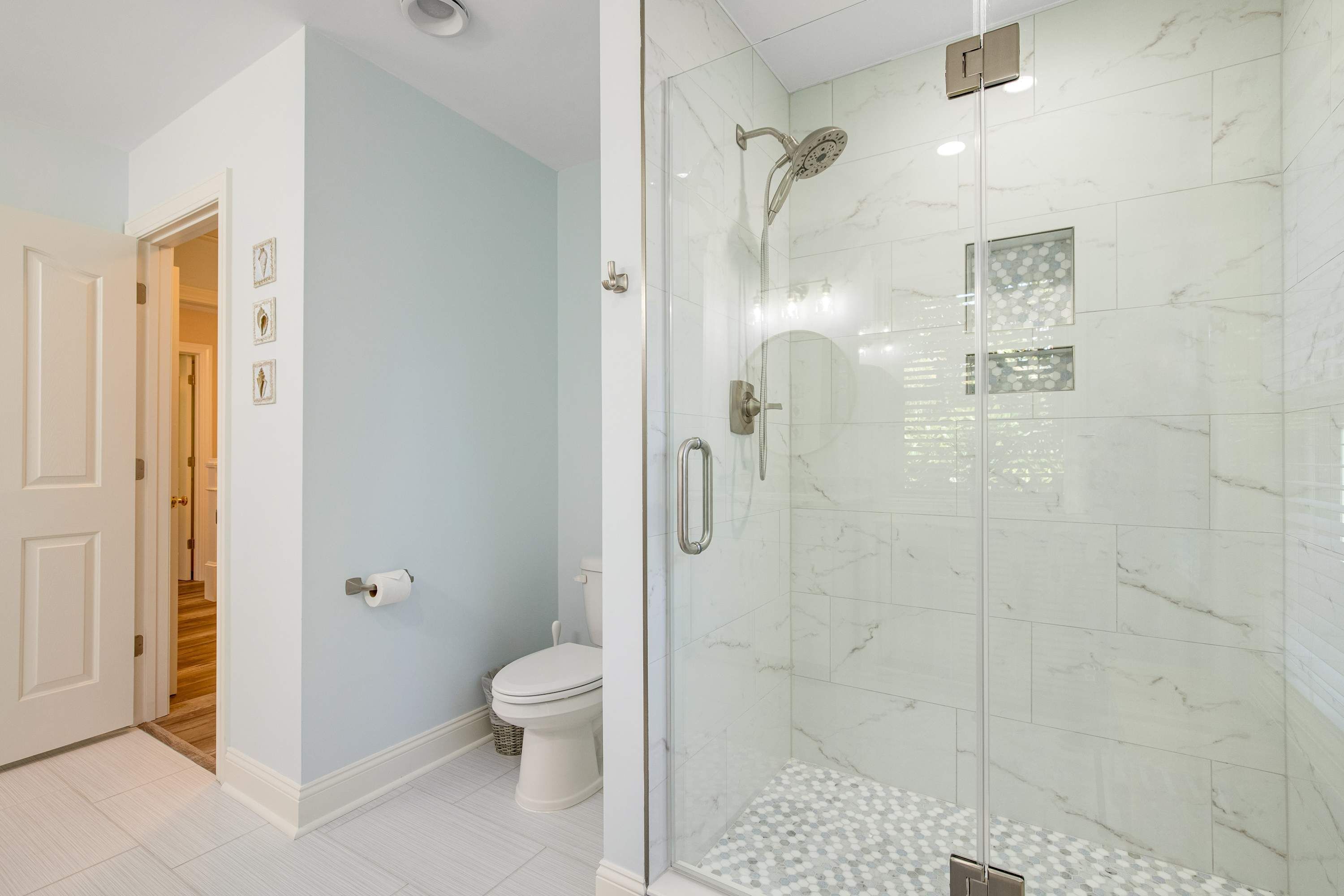 Une salle de bain avec une douche à parois de verre, des toilettes et une porte blanche donnant sur un couloir.