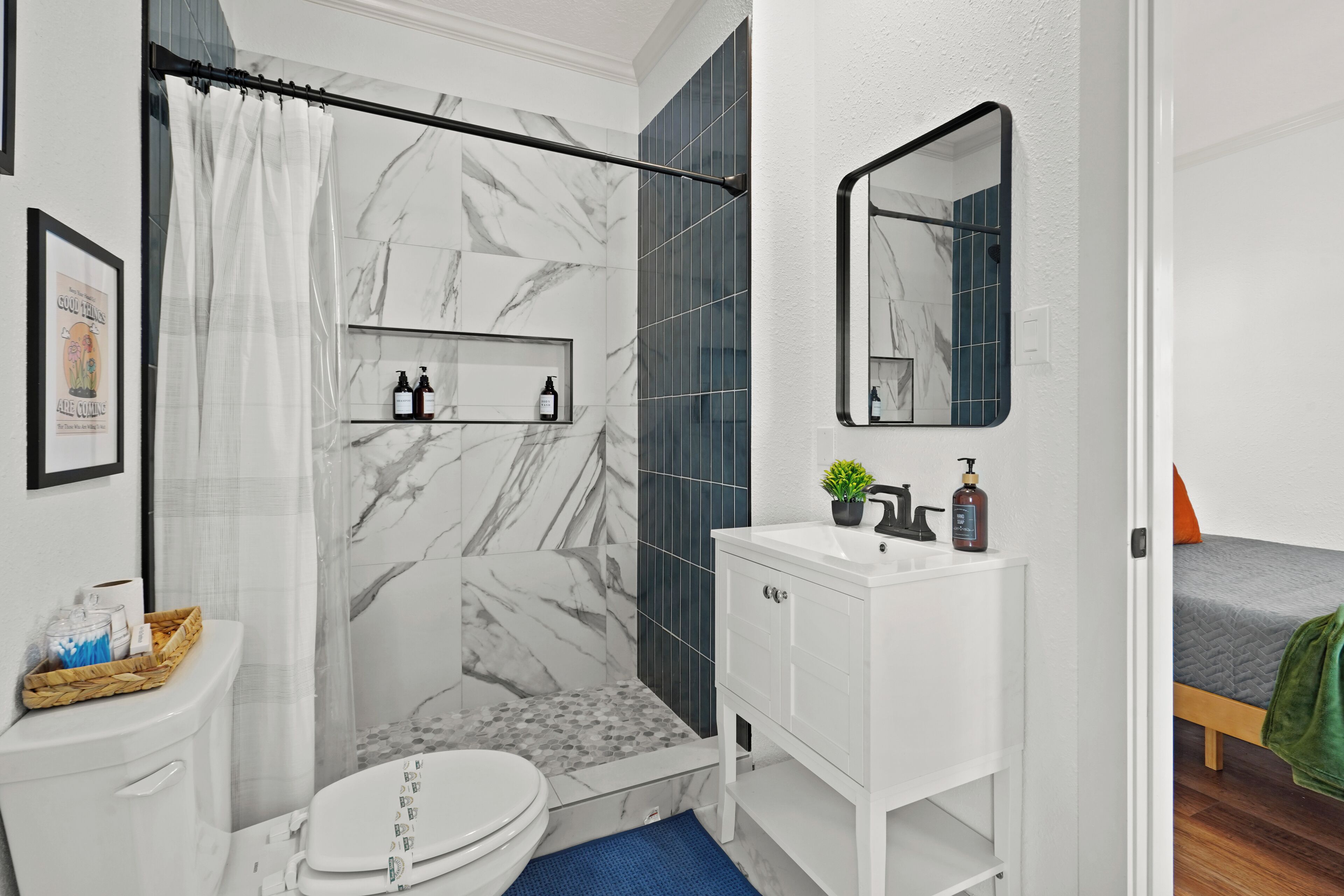 Hair dryer, towels, soap, shampoo