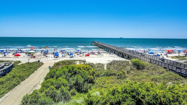 A beach with a wooden pier extending into the ocean, surrounded by lush greenery and a clear blue sky. - Renovated villa with gorgeous ocean views, pool, grills, & great location (Isle of Palms)
