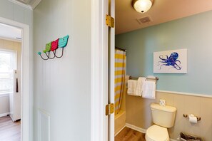 Shower, towels - Oceanfront home with WiFi, full kitchen, & deck that spans the side of the home (Folly Beach)
